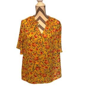 DR2 Yellow Pink Floral Blouse Top V-Neck L Nature Spring Summer Work Career